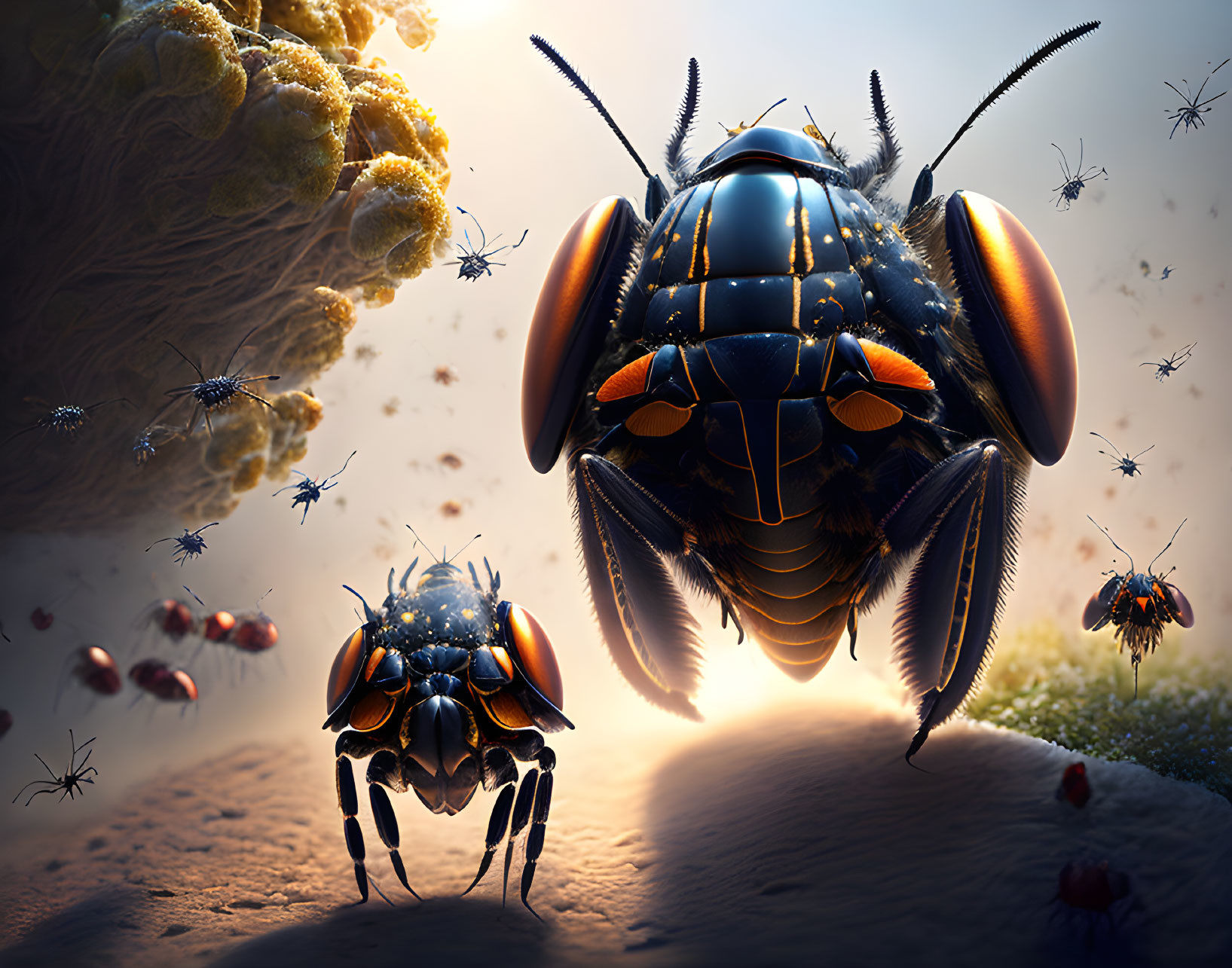 Detailed Artwork: Stylized Mechanical Insects on Dramatic Glowing Background