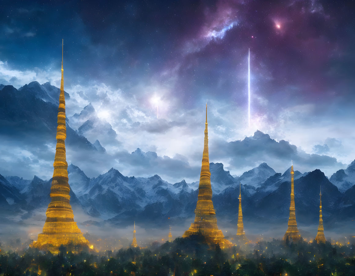 Majestic golden pagodas under starry night sky with cosmic lights