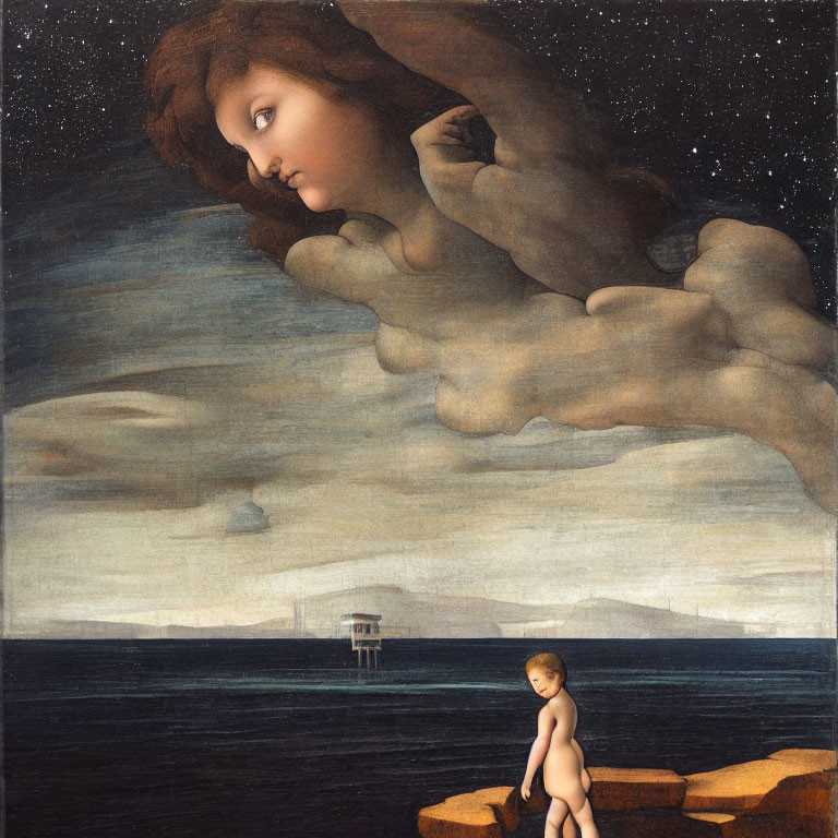 Surreal artwork: ethereal female face in sky above misty seascape