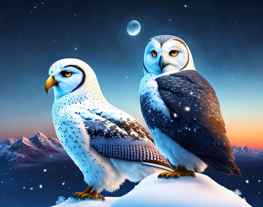 Snowy owls on branch under crescent moon in twilight sky