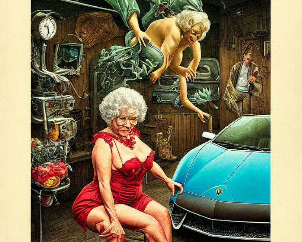 Elderly woman in red dress with luxury car and surreal background portrait.