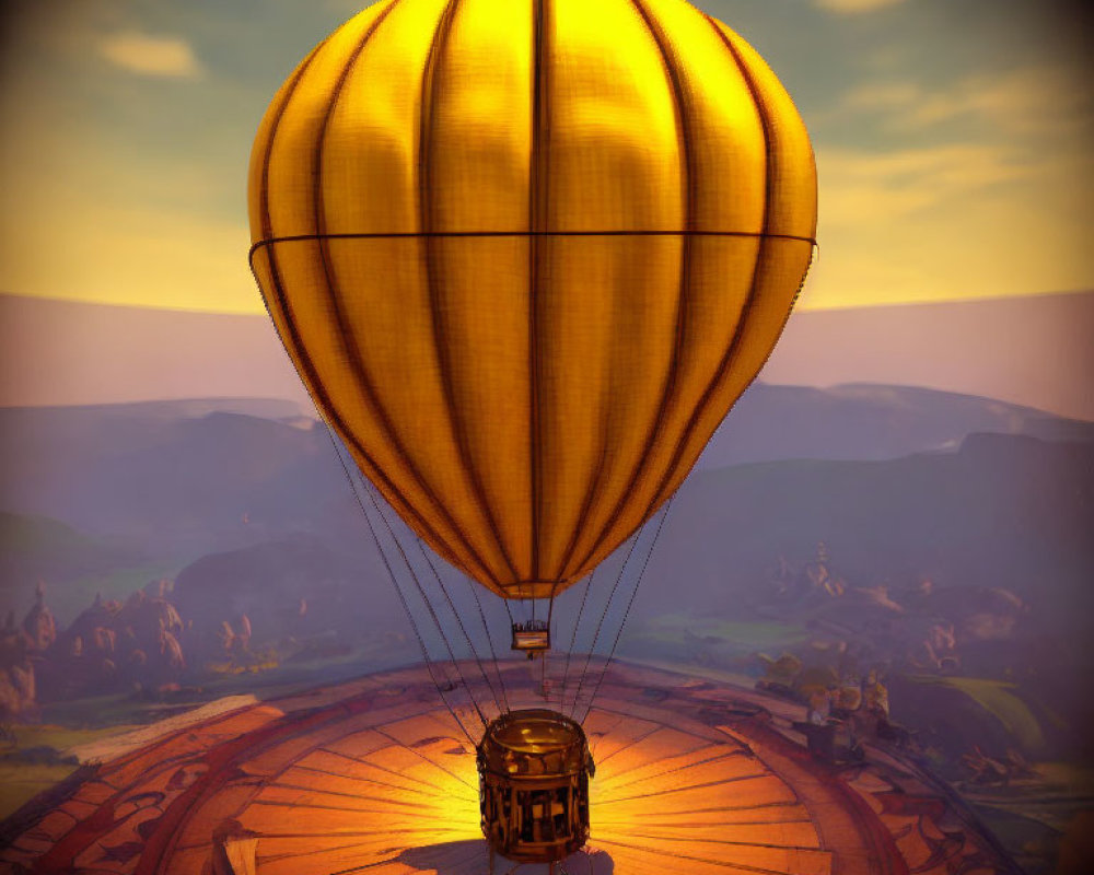 Golden hot air balloon floating above patterned launchpad with scenic hills at sunrise or sunset