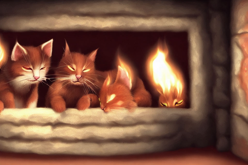 Four Cats Snuggled by Warm Fireplace