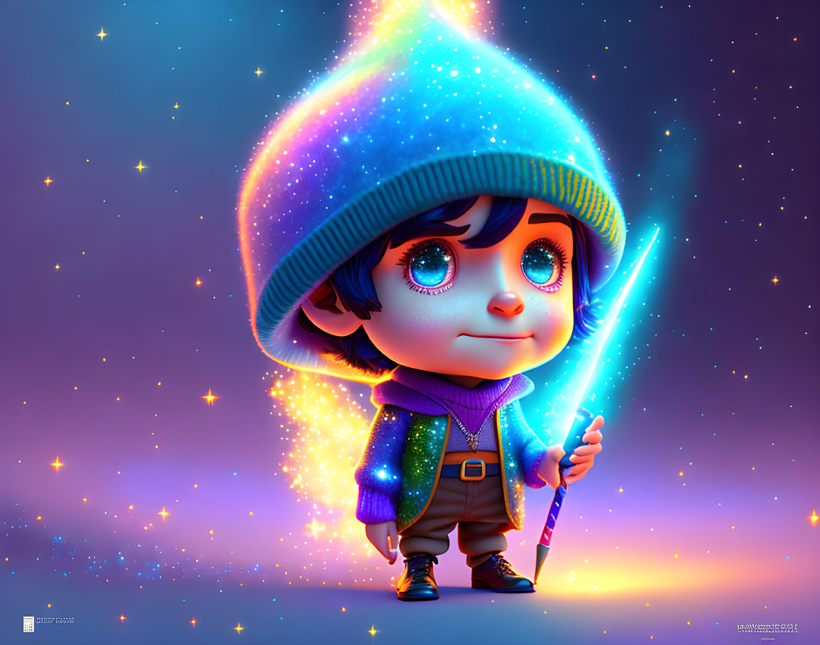 Child with Sparkling Eyes Holding Blue Wand in Starry Setting