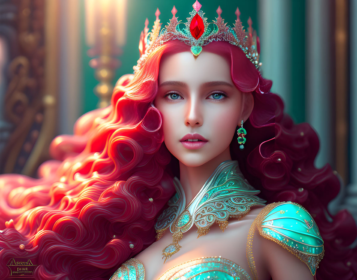 Regal woman with red hair in ornate teal gown and crown.