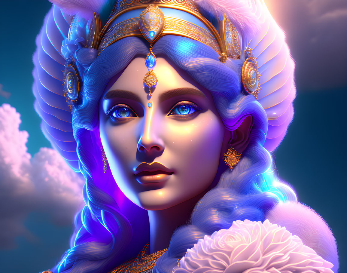 Vibrant digital portrait of woman with blue skin and gold headdress under surreal blue sky