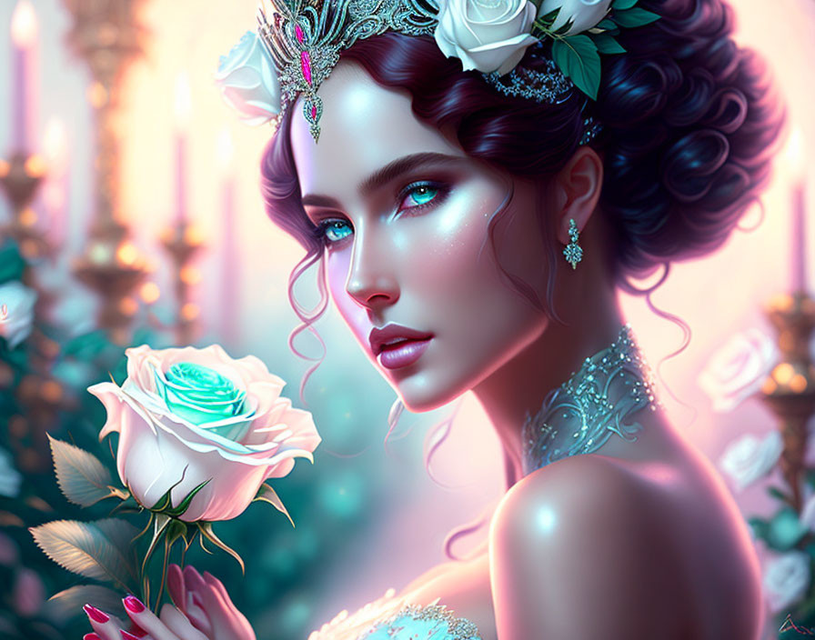 Detailed artwork of woman with turquoise eyes holding white rose and wearing jeweled tiara and earrings in floral