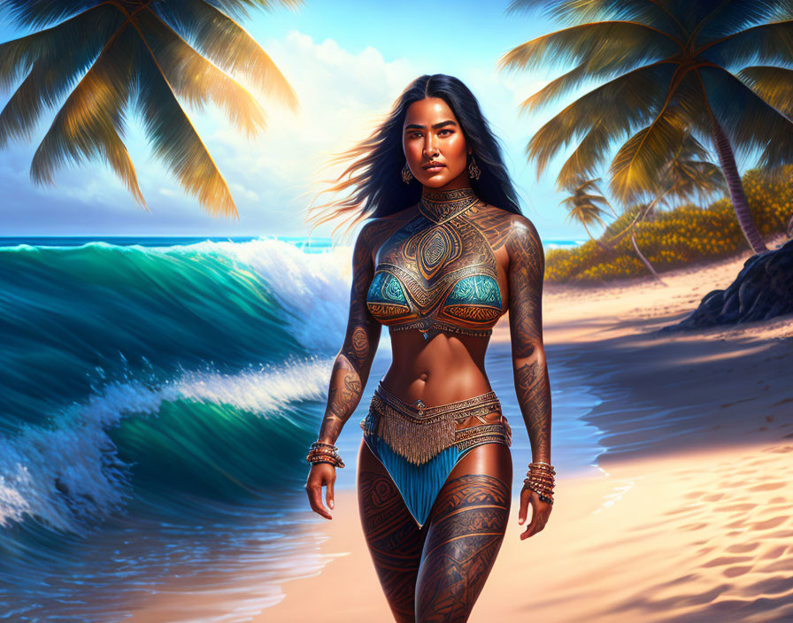 Digital artwork of a woman with intricate body art on a tropical beach