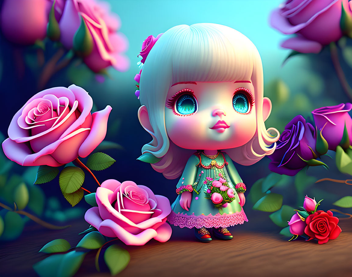 Stylized doll with blue eyes in vibrant floral scene