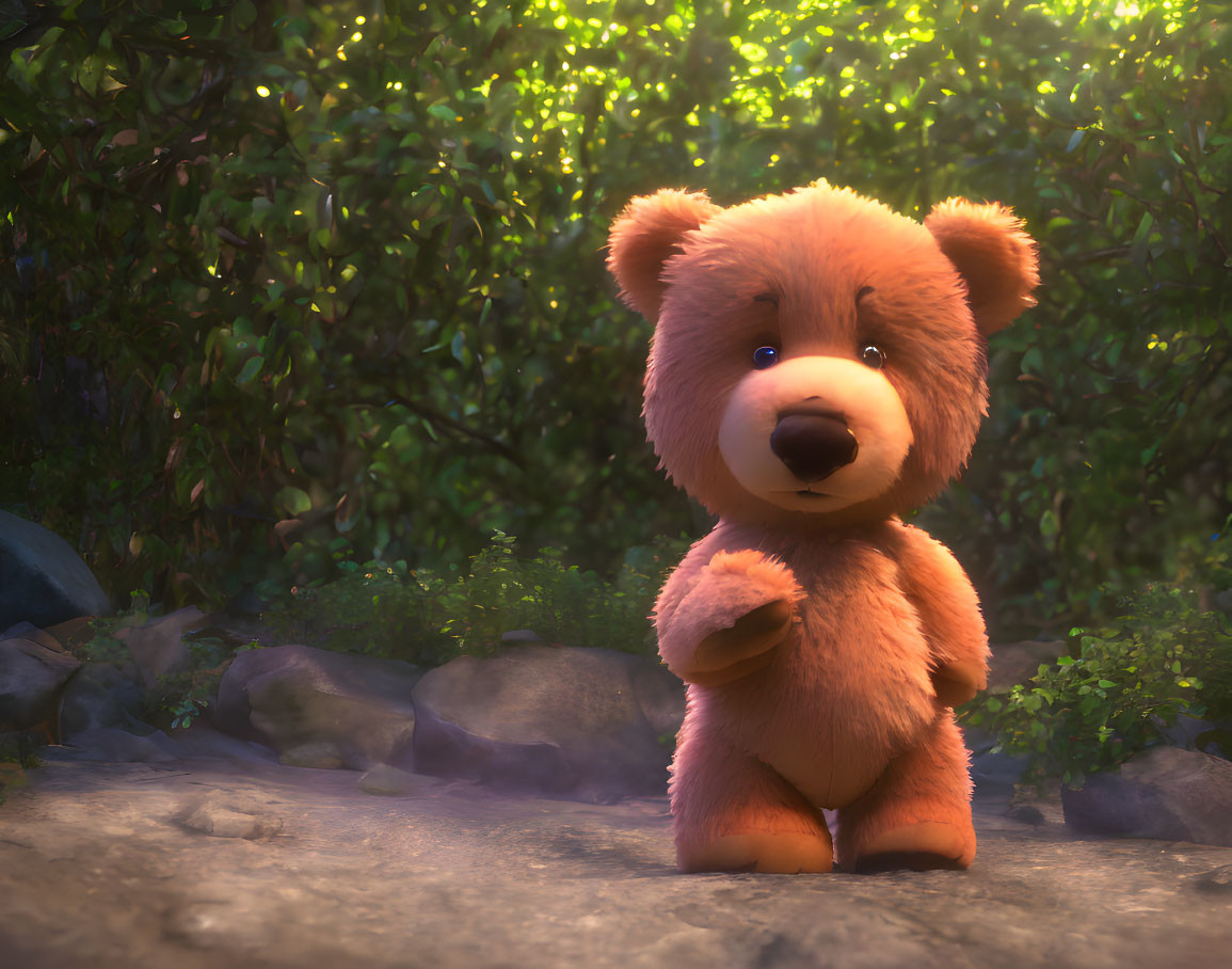 Adorable brown teddy bear in sunlit forest