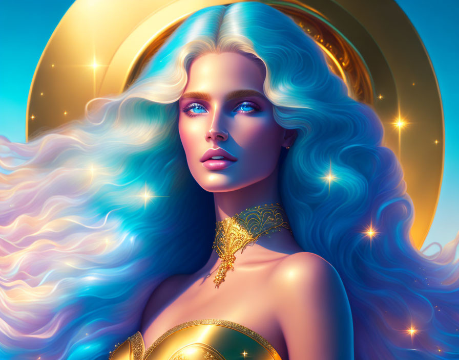 Digital artwork: Woman with Blue Hair & Golden Accessories in Radiant Halo