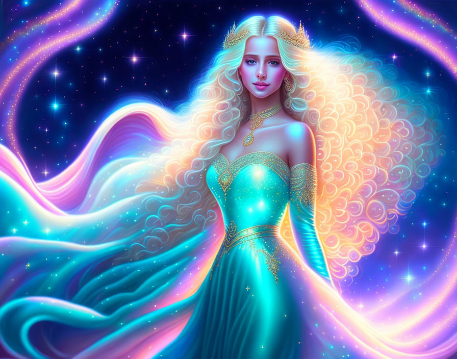 Ethereal woman with rainbow hair in teal dress on cosmic backdrop