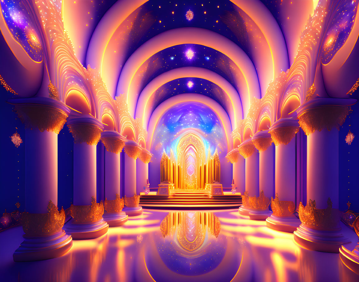 Vibrant Hall with Purple and Golden Hues, Ornate Columns, Arches, and Star