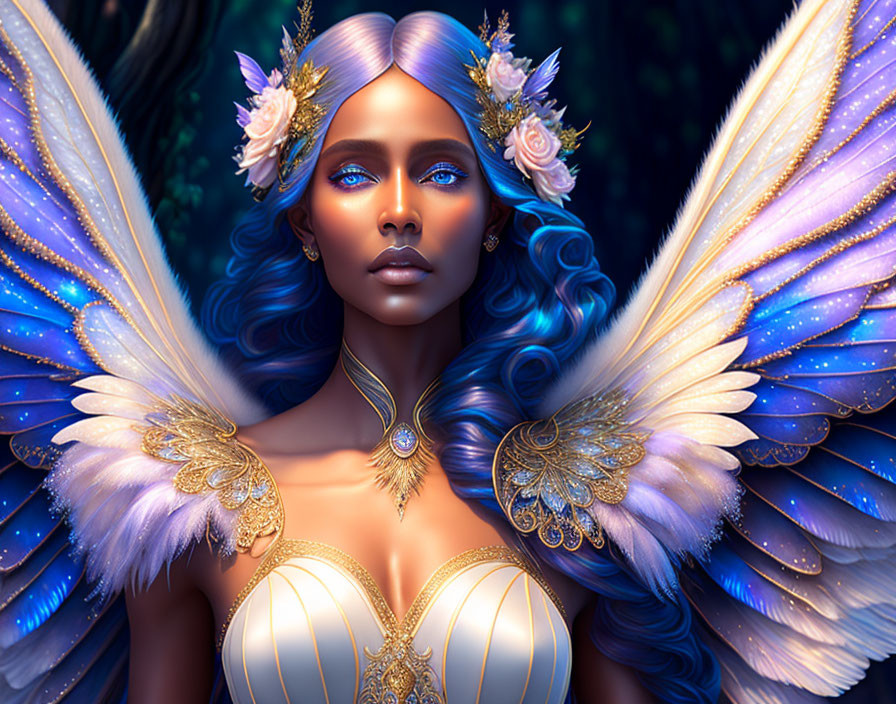 Mystical being with blue skin, blue hair, white and gold wings