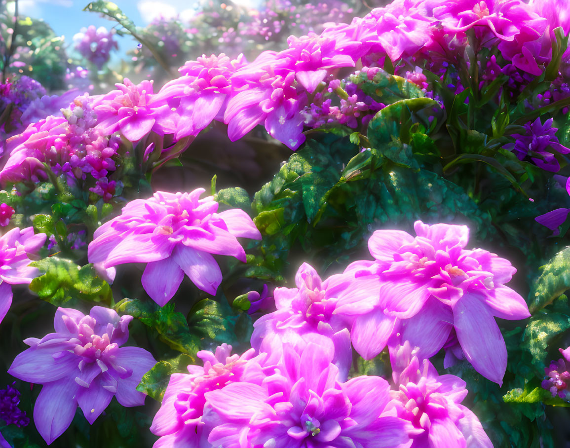 Bright Purple Flowers Surrounded by Greenery and Sunlight