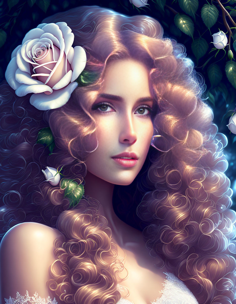 Digital artwork: Woman with curly hair and white roses on dark leafy background