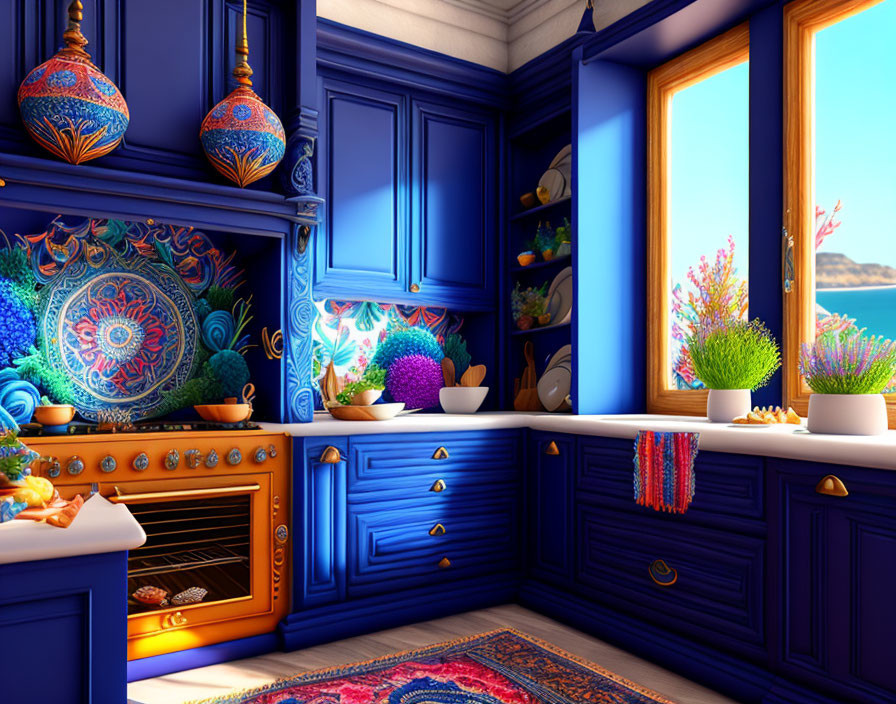 Blue cabinets, ornate patterns, colorful plants: Vibrant kitchen with hill view