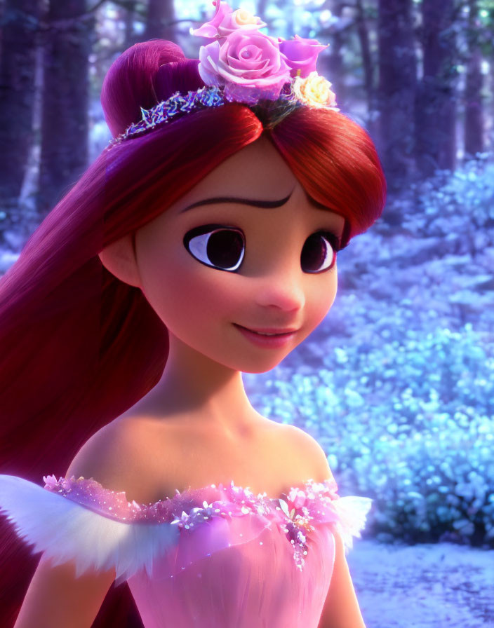 Red-haired princess in pink dress smiles in magical forest