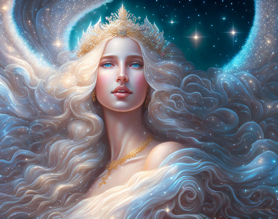 Fantasy portrait of woman with wavy hair and crown in celestial setting.