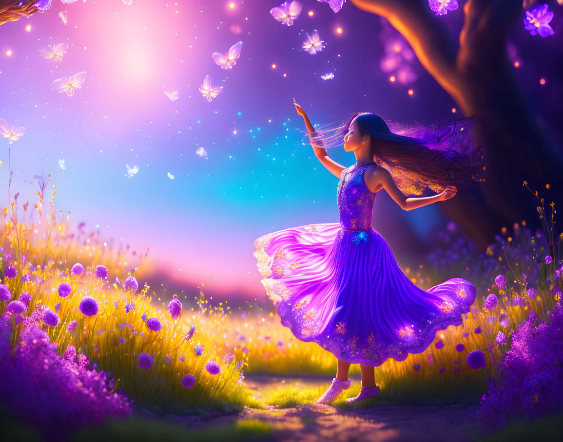 Girl in flowing purple dress dances in magical lavender field.