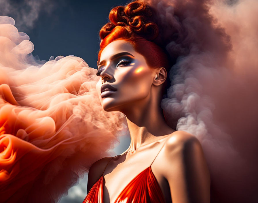 Striking red-haired woman in updo with colorful light and swirling smoke background