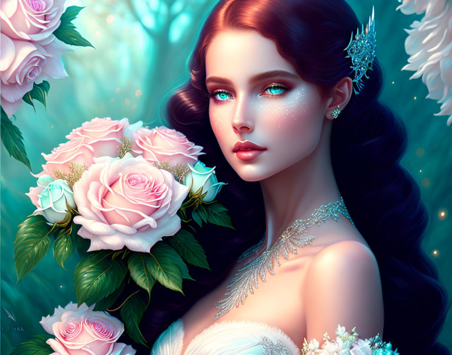 Digital illustration of a woman with blue eyes, dark hair, white floral accents, holding pink roses on