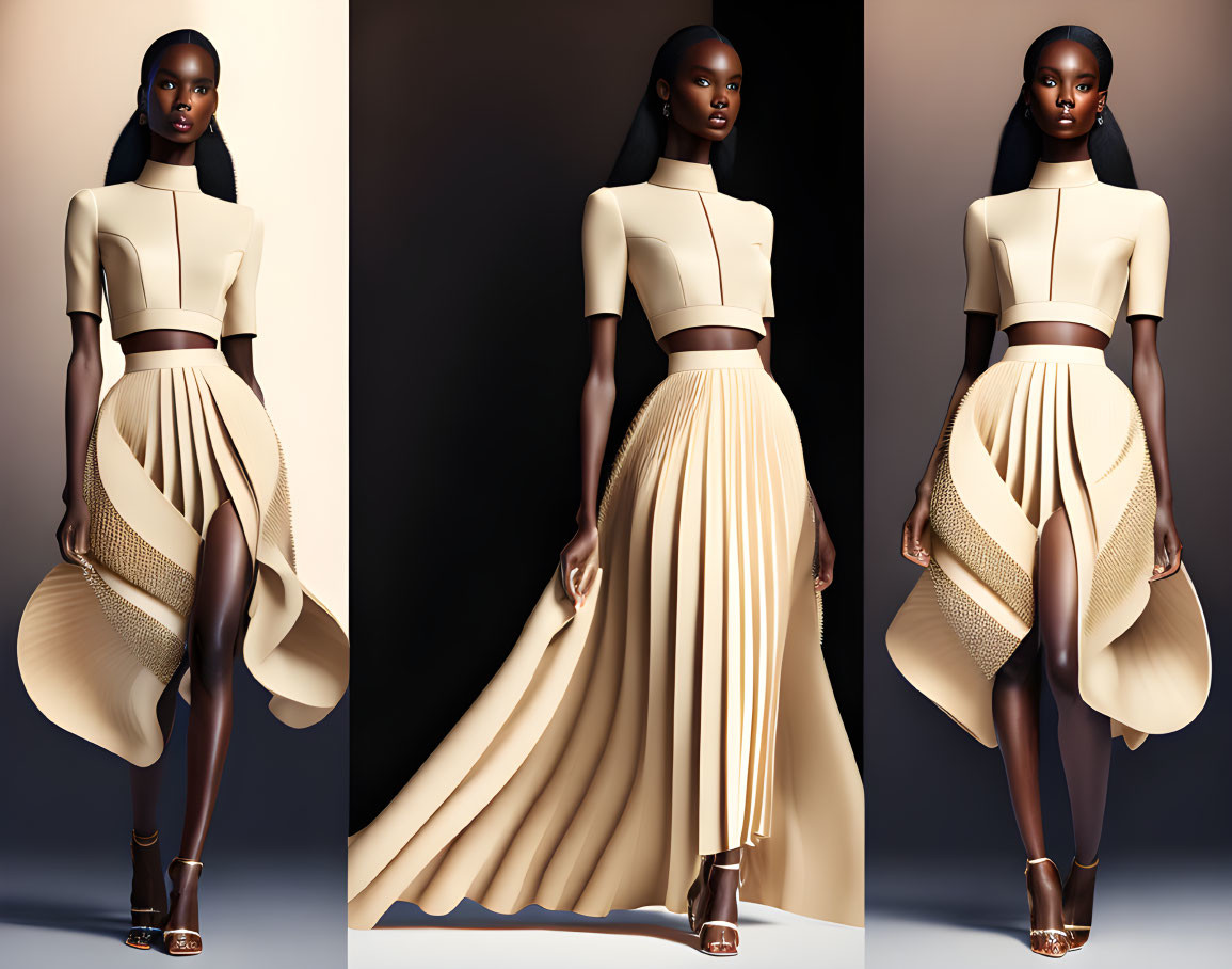 Model in Beige Dress: Three Poses with Pleated Details