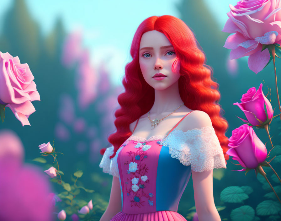 Digital artwork: Red-haired woman in pink dress among roses