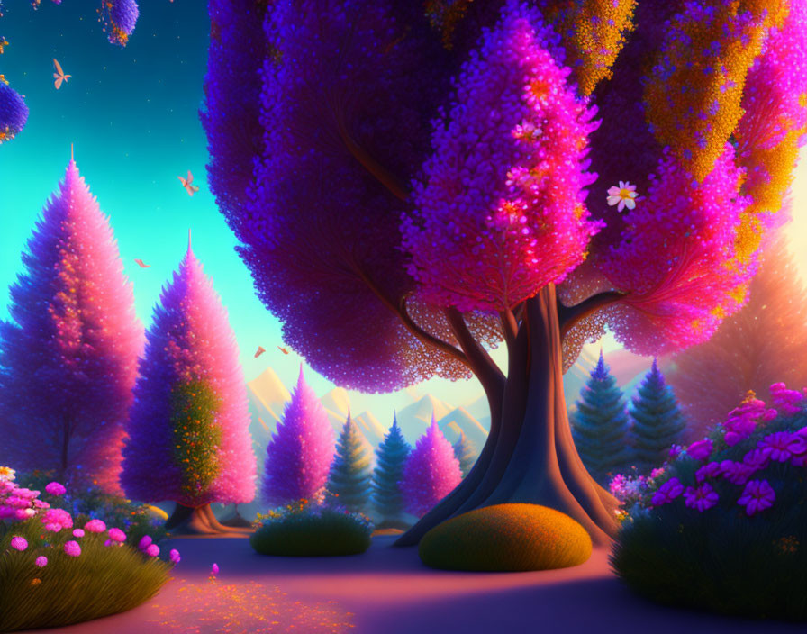 Vibrant twilight landscape with colorful trees and starlit mountains