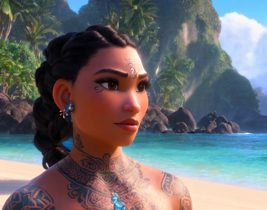 Animated character with tribal tattoos on tropical beach.