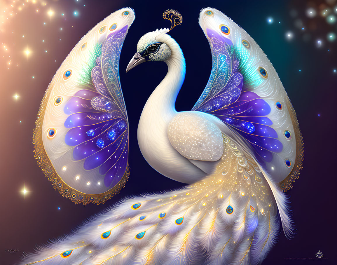 Stylized peacock digital artwork with cosmic feathers in blue and gold