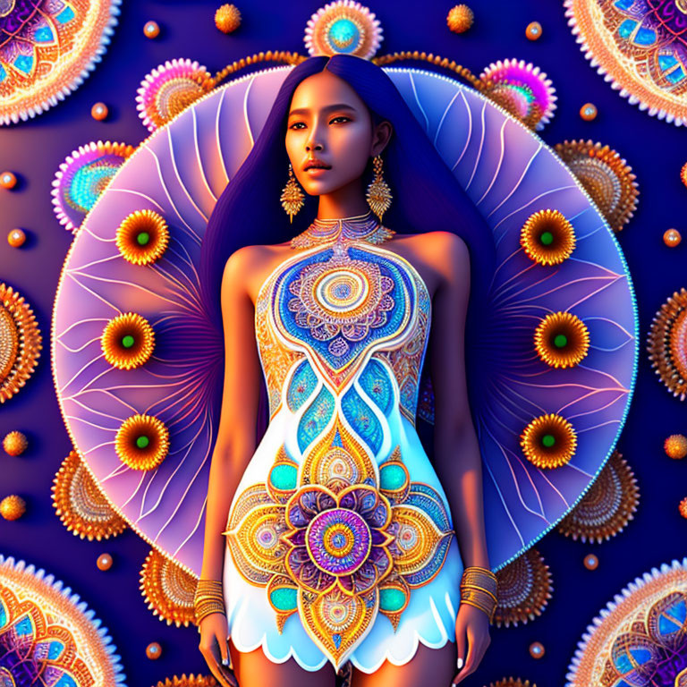 Vibrant mandala-patterned dress on woman with glowing aura against celestial backdrop