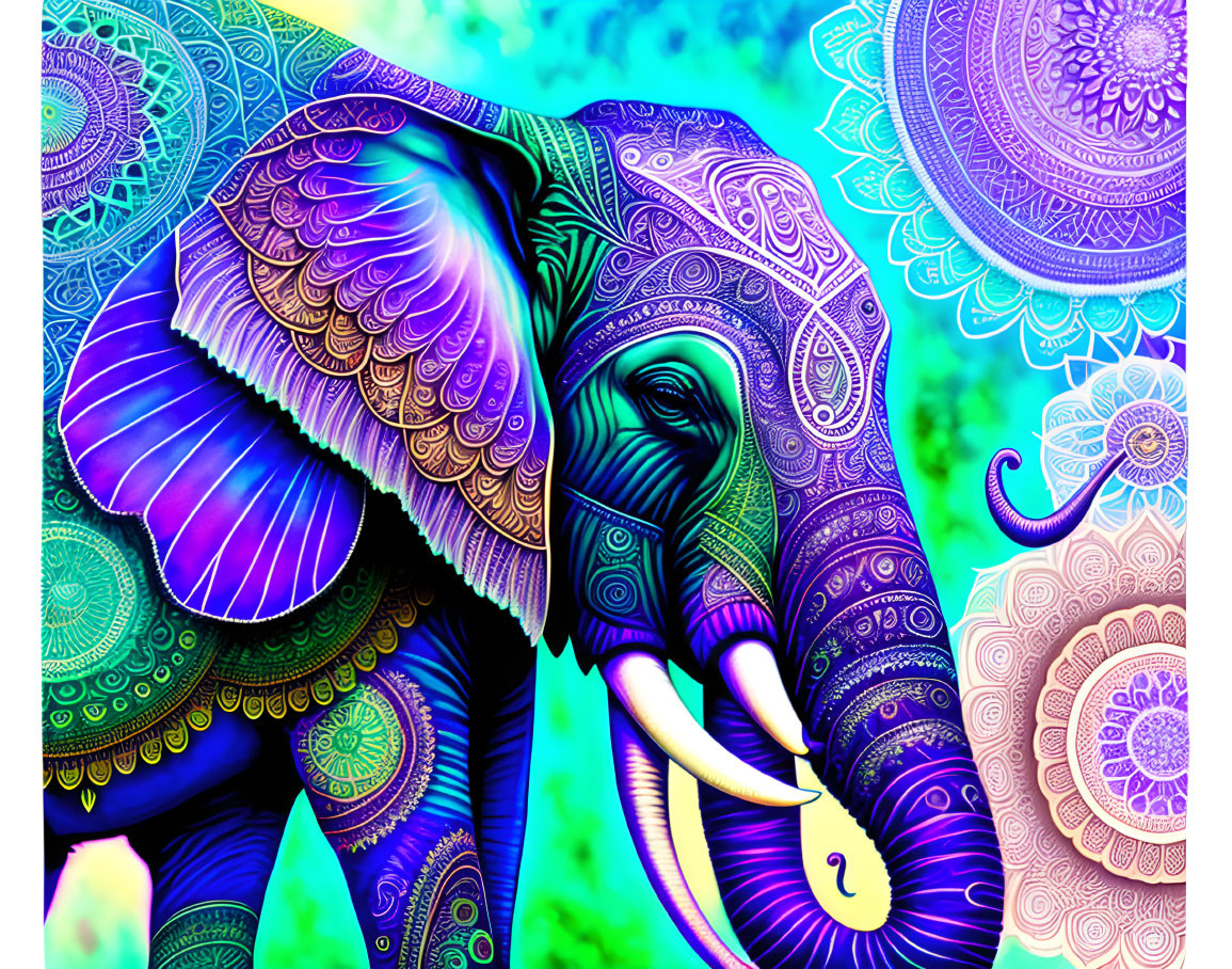 Vibrant Elephant Artwork with Mandala Patterns on Psychedelic Background