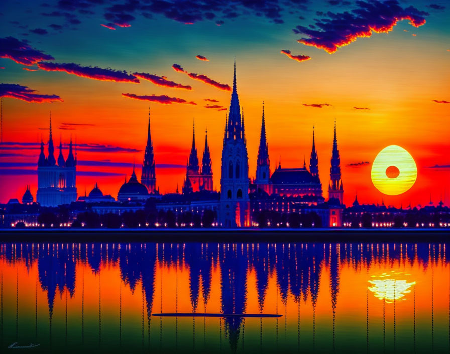 Vivid sunset with fiery clouds over gothic spires and calm water.