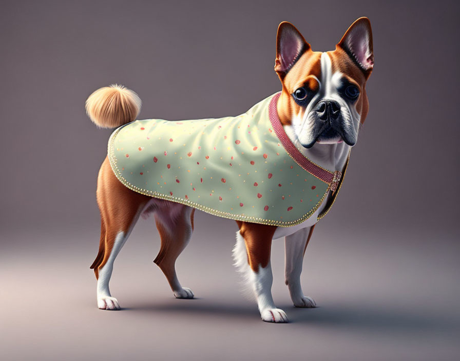 Stylized digital illustration of small dog with human-like face in fashionable coat