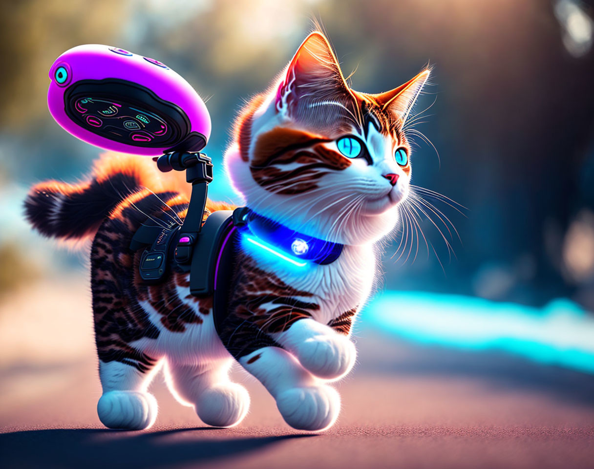 Futuristic cyborg cat with mechanical limbs and glowing blue eyes in harness with technological gear on path