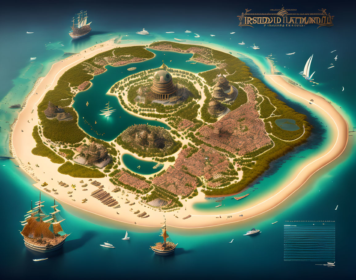 Fantasy Island Map with Castle, Landscapes, Ships, and Cartographic Details