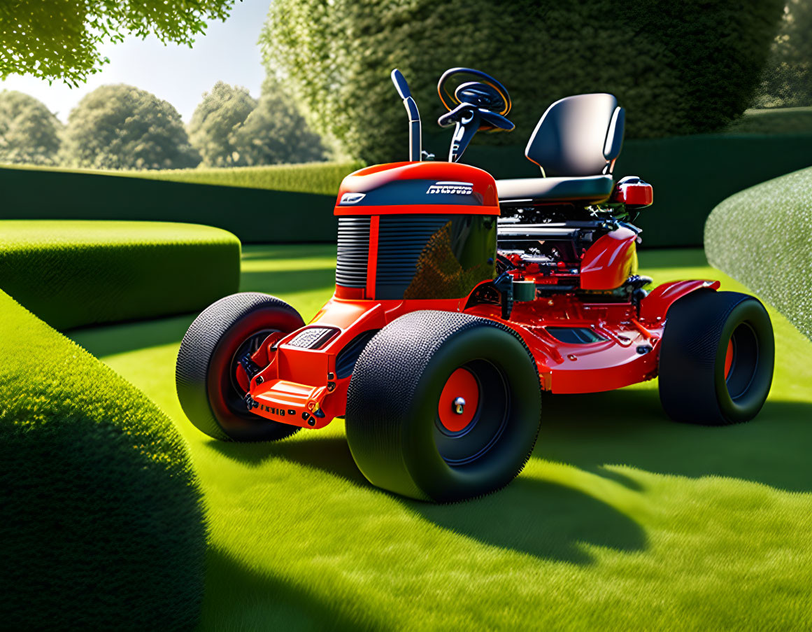 Red tractor with large wheels on grass pathway surrounded by green hedges