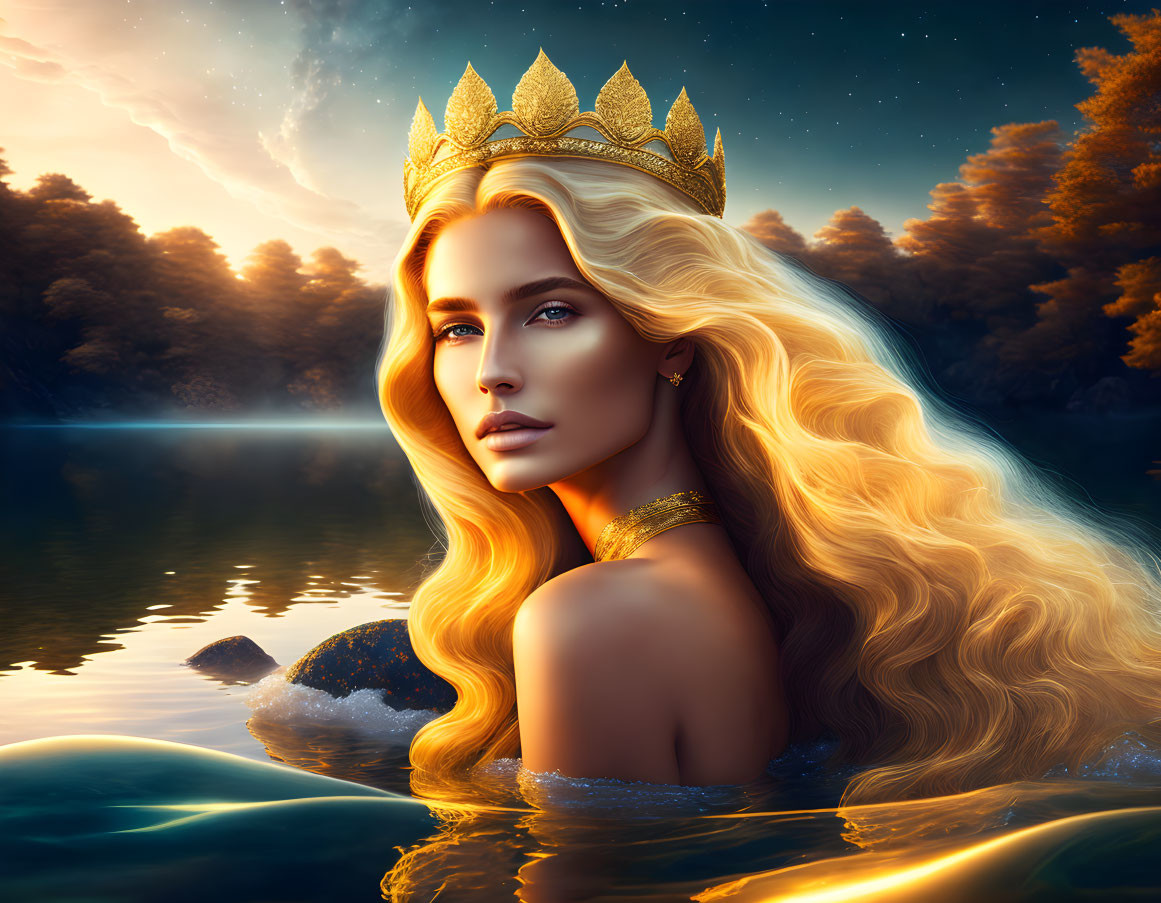 Golden-haired woman with crown emerges from forest lake at sunset