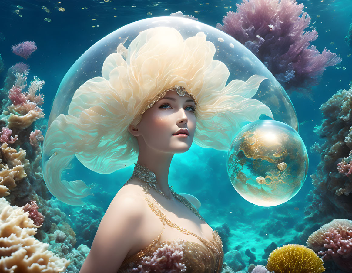 Colorful underwater scene with woman in ornate headdress and coral.