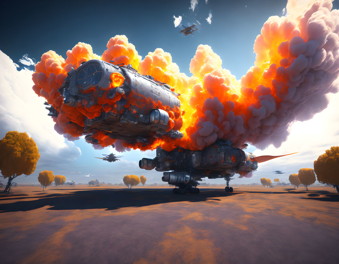 Alien landscape: large spaceship crash and fiery explosions