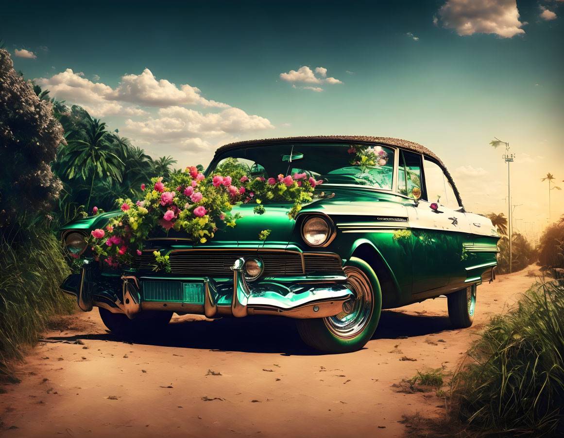 Vintage Green Car Decorated with Colorful Flowers on Dirt Road