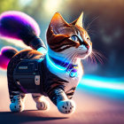 Futuristic cyborg cat with mechanical limbs and glowing blue eyes in harness with technological gear on path