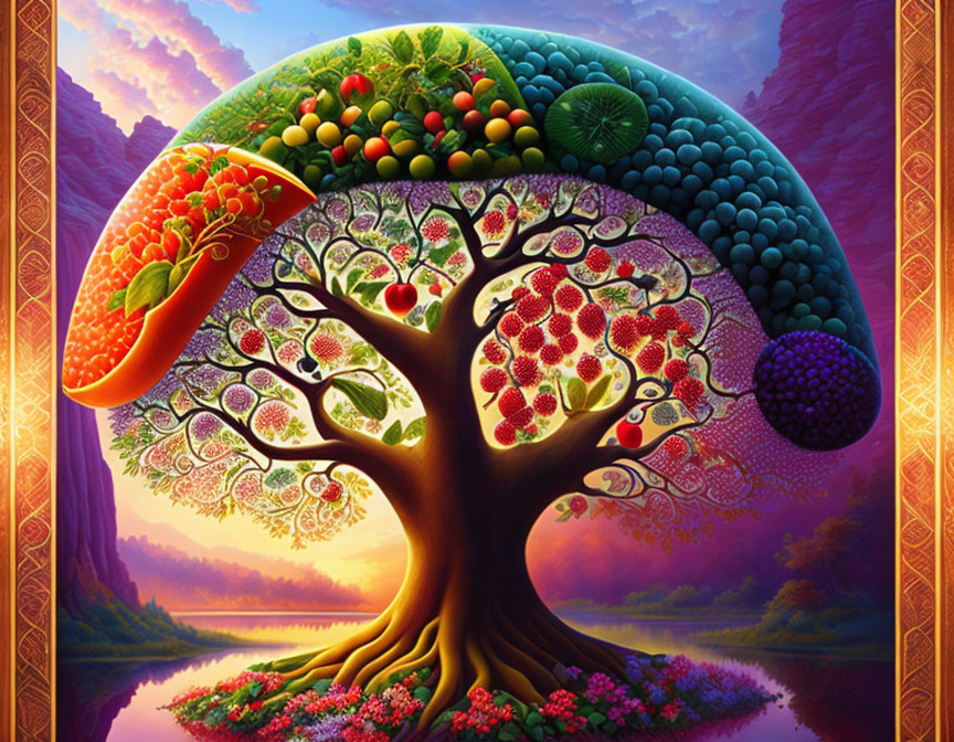 Colorful Stylized Fruit Tree by Serene Lake at Sunset