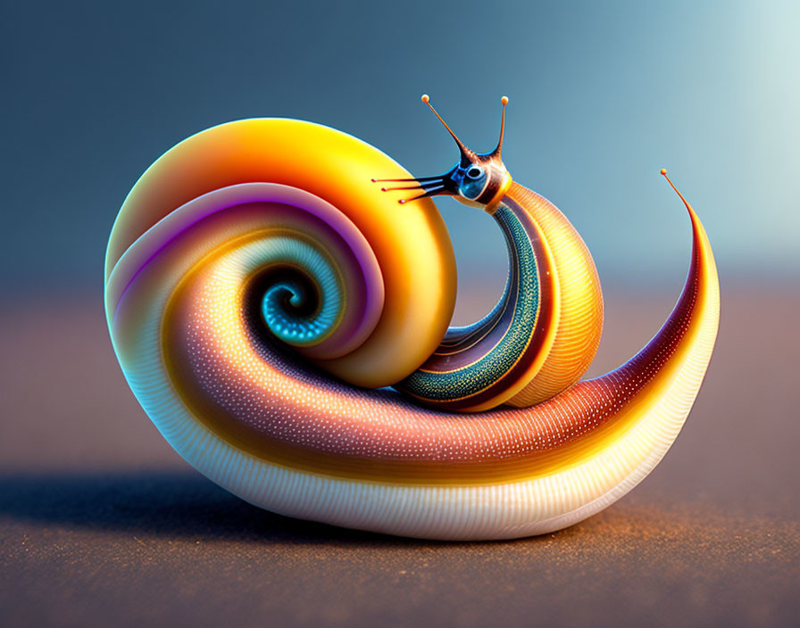 Vibrant 3D illustration of colorful snail with exaggerated features