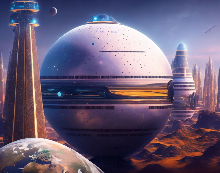 Alien planet with futuristic spherical and cylindrical buildings