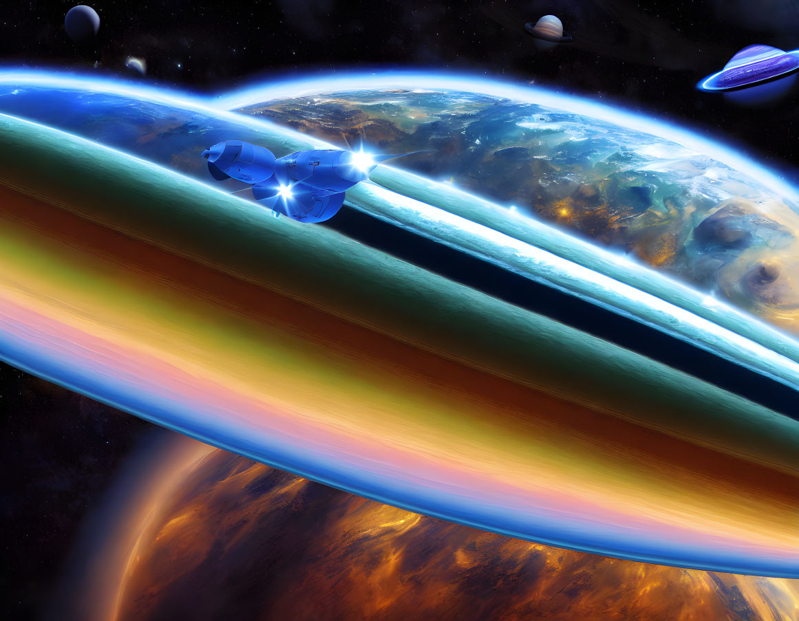 Colorful planets, intricate rings, spacecraft in space.