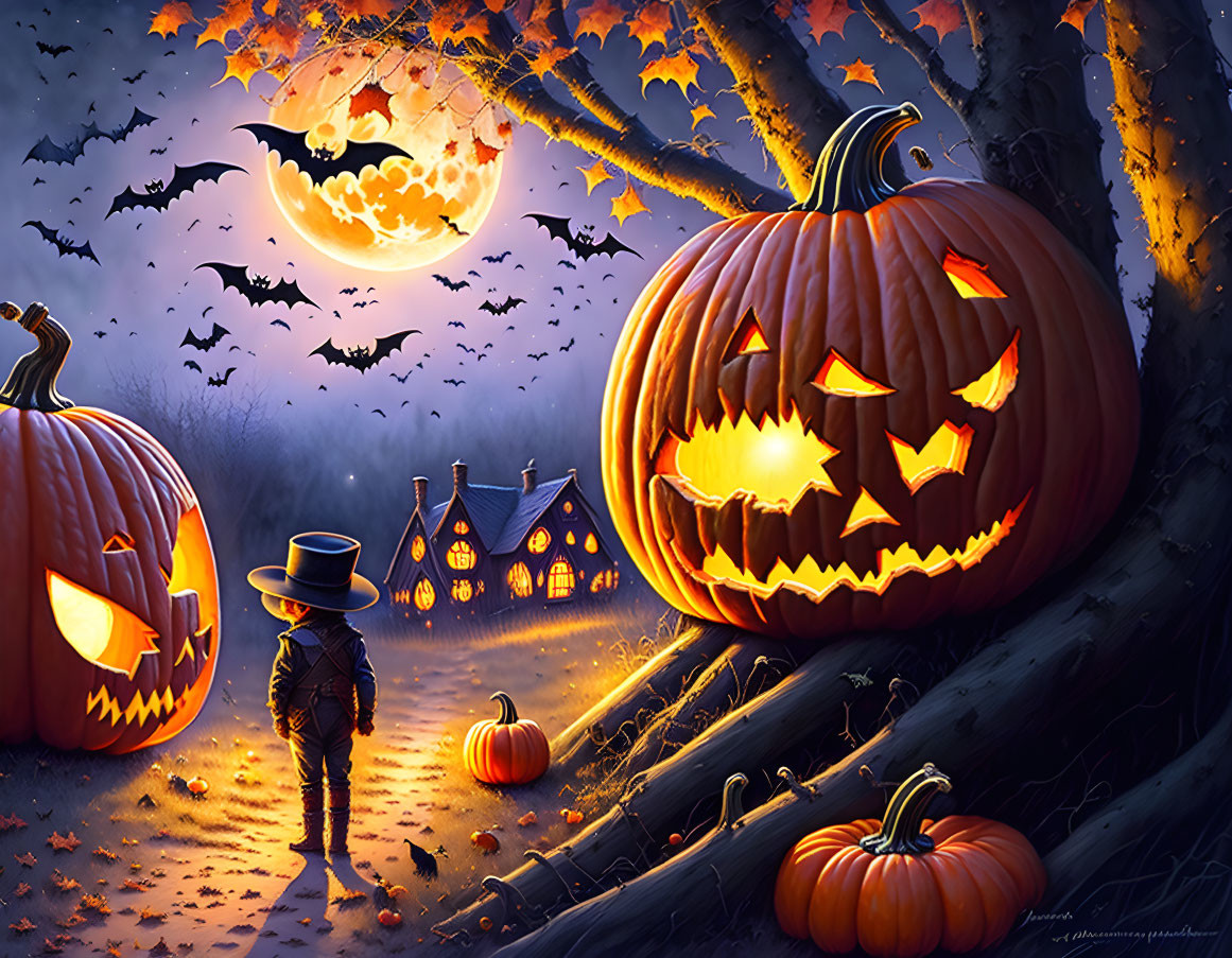 Spooky Halloween scene with pumpkins, scarecrow, and full moon