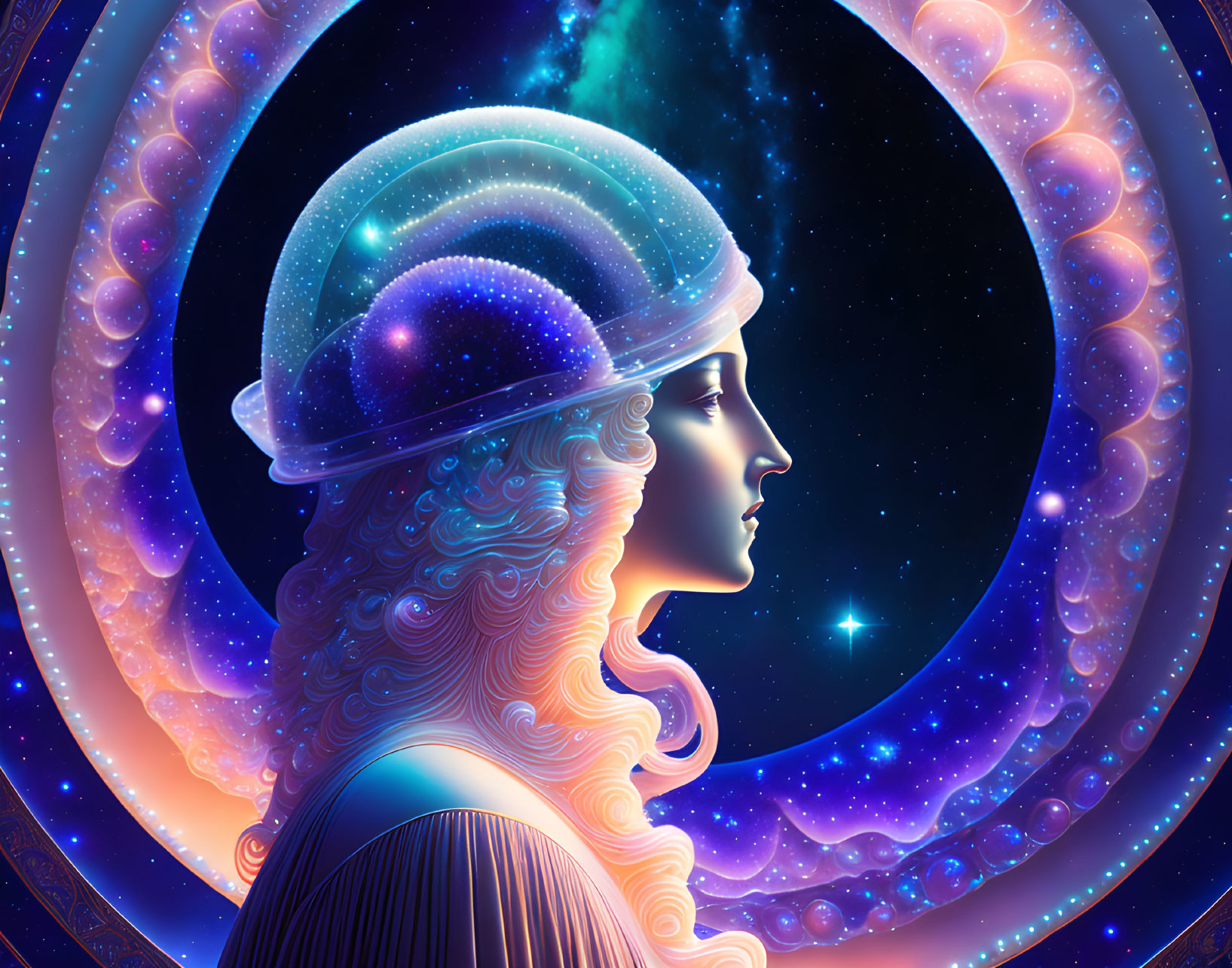 Vibrant digital artwork of cosmic-themed woman with galaxy helmet.