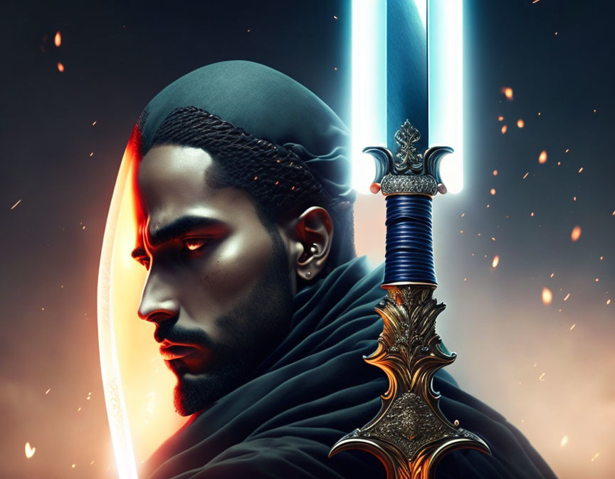 Stylized digital portrait of a man with a beard and braided hair holding a sword in a